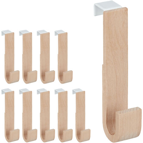Ganchos Puerta Set 10 Madera y Hierro, Chaquetas, Toallas, Colgadores Pasillo, 13x2,5x6 cm, Blanco y Natural