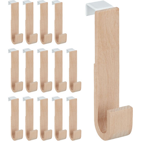 Ganchos Puerta Set 15 Madera y Hierro, Chaquetas, Toallas, Colgadores Pasillo, 13x2,5x6 cm, Blanco y Natural