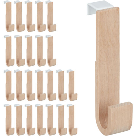 Ganchos Puerta Set 25 Madera y Hierro, Chaquetas, Toallas, Colgadores Pasillo, 13x2,5x6 cm, Blanco y Natural