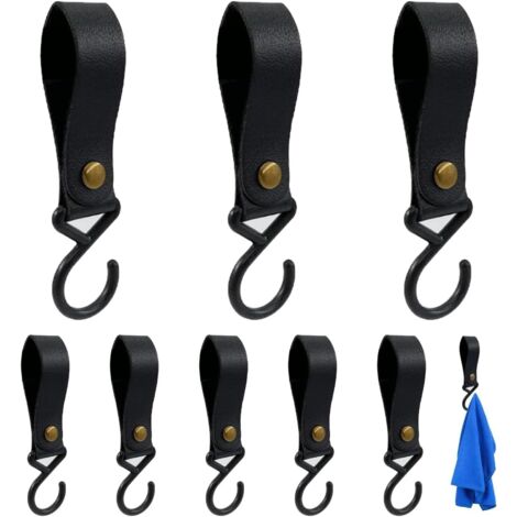 Ganci a S con anelli in pelle, 8 ganci a S neri per appendiabiti, finestre, appendiabiti per cappotti, pantaloni, cucina, armadi, bagno, camera da letto (8 x 2 cm)