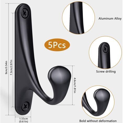 Ganci appendiabiti da parete avvitabili, set da 5 pezzi, minimalisti, robusti ganci da parete in lega di zinco per porte, corridoi, camere da letto, bagni, ganci multiuso, viti incluse - Nero