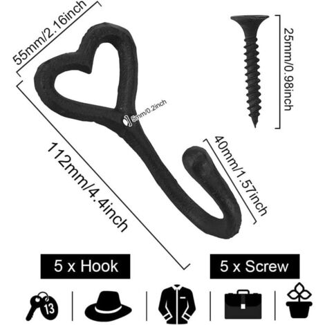 ganci appendiabiti in metallo da parete, 11,2 cm x 5,5 cm x 4 cm, stile vintage, antiruggine, a forma di cuore, con viti, per bagno, cucina, camera da letto, corridoio - Nero
