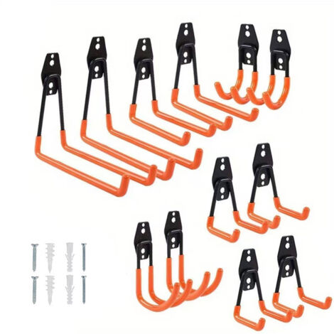 Ganci da garage in acciaio resistente - Rivestimento antiscivolo per attrezzi, scale, biciclette, 12 pezzi, arancione.