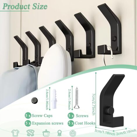 Ganci da parete, appendiabiti da parete da 5 pezzi, pratici ganci da parete con due viti, ganci in metallo adatti per bagni, camere da letto, armadi (nero)