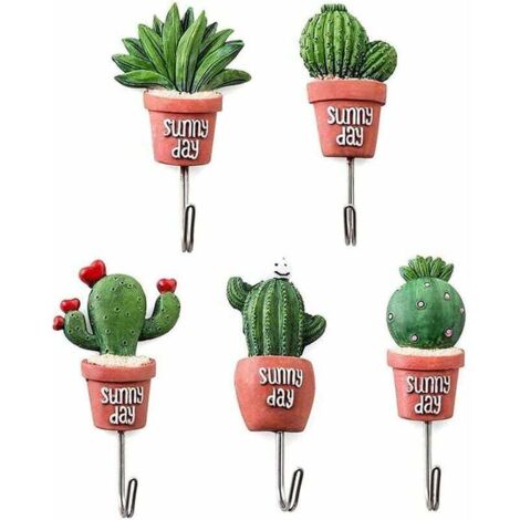 Ganci da parete autoadesivi, immagine di cactus in 5 stili, adatti per la cucina di casa, 5 pezzi