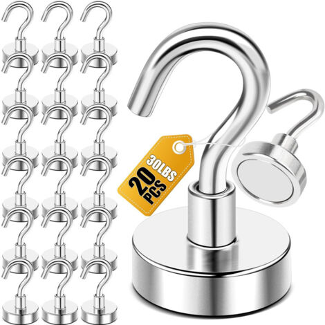 Ganci magnetici al neodimio ultra resistenti (confezione da 20). Questi ganci magnetici da parete non necessitano di marcature. Sono adatti per porte in ferro, frigoriferi, cucine, appendiabiti e scri