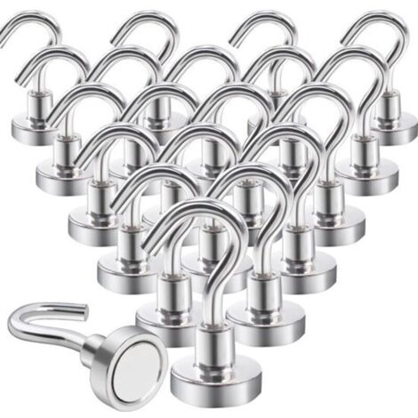 Ganci magnetici extra forti (10 kg), magneti al neodimio con ganci, confezione da 20, fissaggio senza trapano, per porte in ferro, frigoriferi, cucine, appendiabiti, uffici, colore argento.