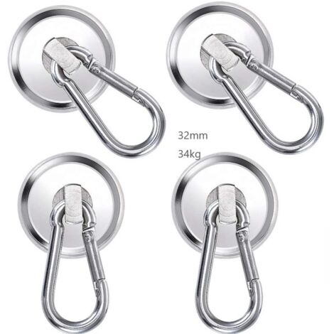 Ganci magnetici, gancio magnetico al neodimio da 32 mm, 4 ganci magnetici potenti, magneti a moschettone super potenti da 34 kg per cucina, armadietti dell'ufficio, magneti per frigorifero