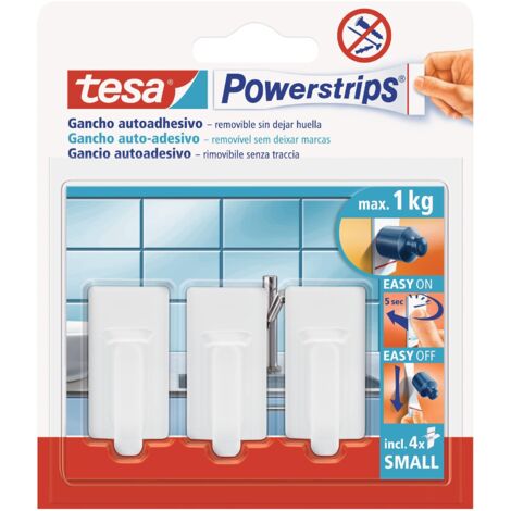 GANCIO RETTANGOLARE 'POWERSTRIPS' BIANCO Mod. S, 3 ganci + 4 strisce - Portata 1 Kg