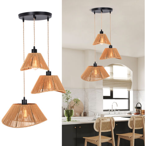 Ganeed 22in 3-Light Pendant Light Rattan Boho Hanging Lamp, Rattan Woven Lamp Shade Hanging Lamp Adjustable Sling for Living Room,Bedroom, Farmhouse