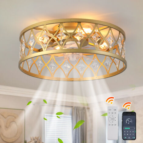 Ganeed Caged Ceiling Fan with Lights Crystal Style Farmhouse Ceiling Lighting Low Profile Ceiling Flush Mount Lamp E27 with Remote Control Gold Drop 4 Lights