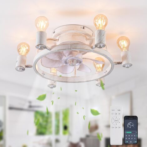 Ganeed Ceiling Fans with Lights and Remote 52cm Low Profile Flush Mount Ceiling Fan Farmhouse Rustic Industrial Fan Light Fixtures E27 for Bedroom Kitchen White 6 Lights