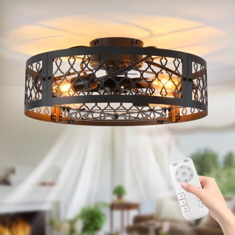 Ganeed Ceiling Light with Fan Industrial Style Farmhouse Ceiling Fan 50cm Matte Metal Cage Lighting E27 Flush Mount with Remote Control 4 Lights