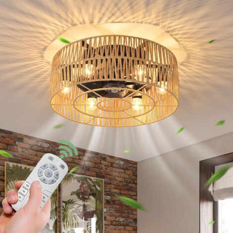 Ganeed Deckenventilatoren mit Lichtern Industrial Style Farmhouse Deckenventilator 50cm Boho Rattan Käfiglampe E27 Unterputzmontage mit Fernbedienung Schwarz 6 Lichter