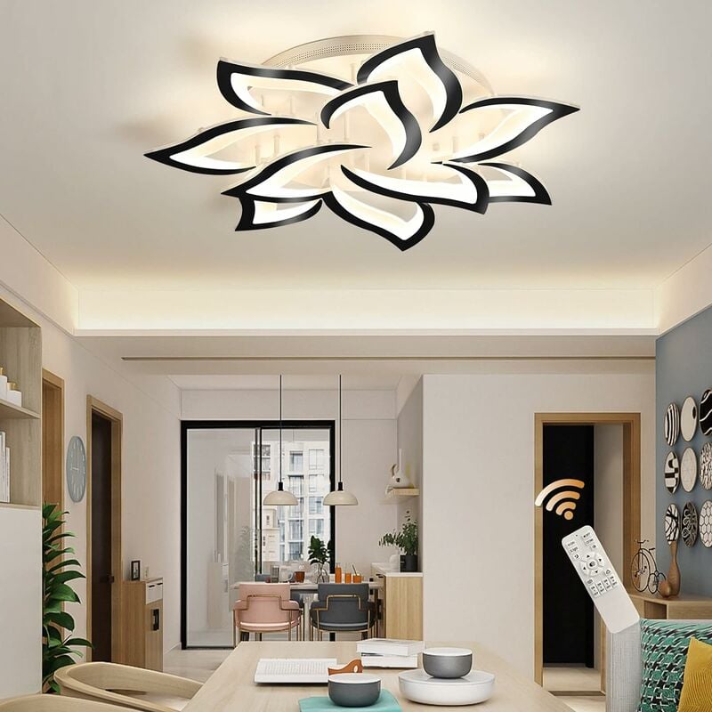 Plafonnier Led Dimmable, Bord Noir Lampe de Plafond Moderne avec Télécommande, 70W Creative Acrylique Pétales Lustre Luminaire Plafonnier pour Salon,