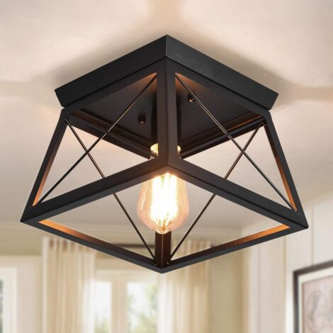 Ganeed Farmhouse Flush Mount Ceiling Lights Fixtures,Kitchen Close to Ceiling Lamp,Square Black Metal Cage Light Fixture for Hallway Bedroom Dining Room Entryway,E27
