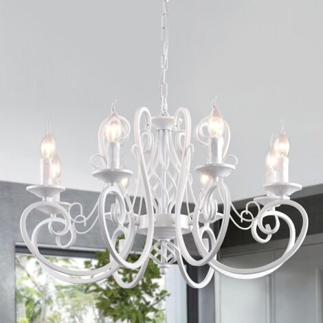 Ganeed French Country Chandeliers Kitchen Island Candle Iron Chandelier Industrial Vintage Pendant Light Fixture for Farmhouse Dining Room Bedroom Foyer White 8 Lights