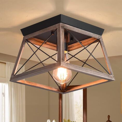 Ganeed Industrial Flush Mount Ceiling Light,Farmhouse Rustic Close to Ceiling Light Mini Ceiling Lamp Fixture with Square Metal Cage for Kithcen Island Hallway Bedroom Dining Room Entryway,E27
