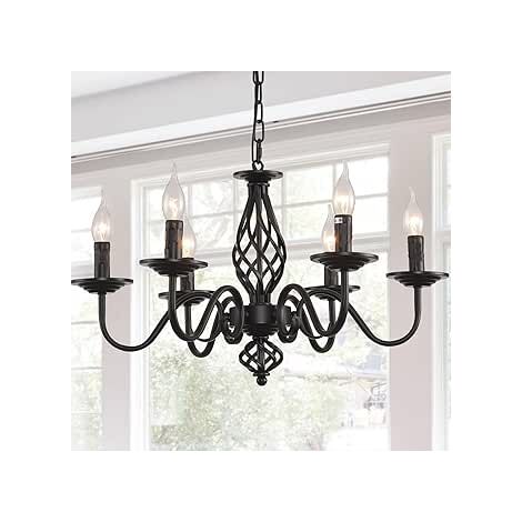 Ganeed Kronleuchter Traditioneller Country, Vintage Höhenverstellbarer Kerzenleuchter aus Schmiedeeisen Schwarze, 6 Lichter Deckenlampe Klassische Pendelleuchte für Küche Esszimmer Wohnzimmer