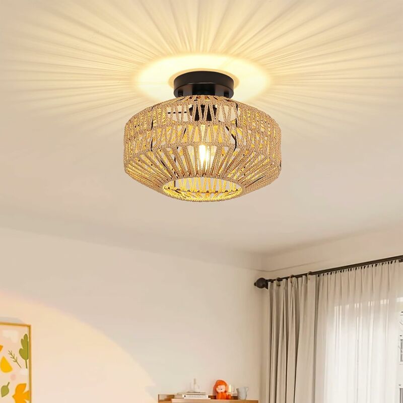 Image of Ganeed - Lampada vintage in rattan, lampada da soffitto rustica retrò, vimini intrecciato, agriturismo, E27 Plafoniere industriali per cucina, sala