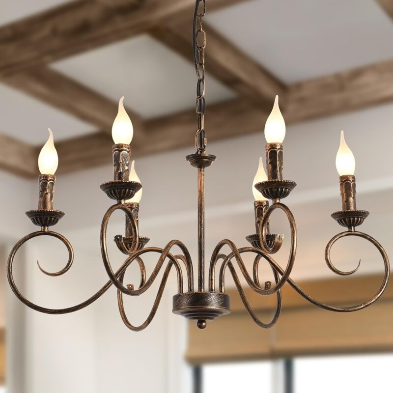 Image of Lampadario in stile country tradizionale, candeliere in ferro regolabile in altezza vintage, 6 E14 luci bronzo fattoria classica lampada a