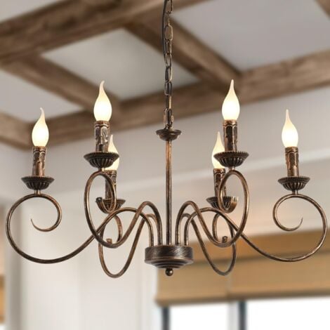 Ganeed Lampadario in stile country tradizionale, candeliere in ferro regolabile in altezza vintage, 6 E14 luci bronzo fattoria classica lampada a sospensione per cucina sala da pranzo soggiorno