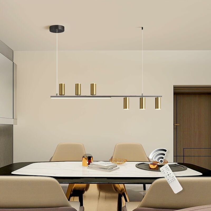 Image of Ganeed Lampadario LED dimmerabile, 110cm Lampadari moderni in nero e oro con telecomando, 40W 6-Light Linear Pendant Light Dining Room Lampada a