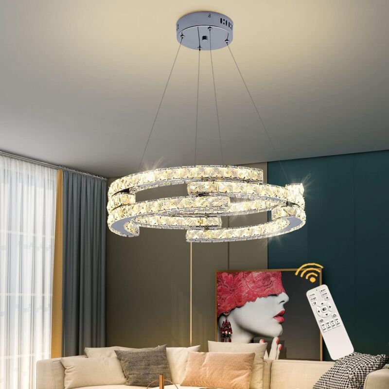 Image of Lampadario moderno di cristallo, 36W 3 anelli led Ciondolo regolabile in acciaio inox per soggiorno, sala da pranzo, cucina, camera da letto/Bianco