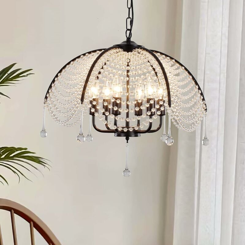 Image of Lampadario moderno in cristallo Metallo opaco Vintage Lampada sospesa a forma di ombrello con pendente nero 6 luci - Ganeed