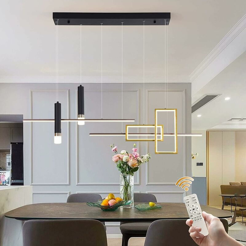 Luminaire Suspendu Moderne, Lustre Créatif led Noir Dimmable Télécommande Onde Linéaire Suspension, Luminaire Suspendu Réglable pour Îlot de Cuisine