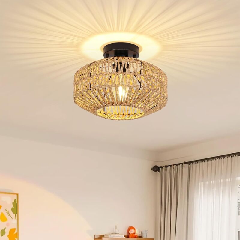 Ganeed - Lampe en rotin vintage, plafonnier rétro rustique, osier tissé, ferme, Plafonniers industriels E27 pour cuisine, salle à manger, chambre à