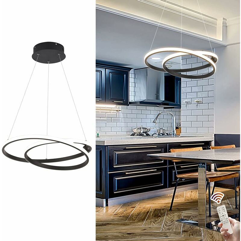 Ganeed - Lustre Led Moderne, Suspension Led Ronde Dimmable 40W avec Télécommande, Lustre en Acrylique Noir à 2 Anneaux, Lustre pour Salon Cuisine