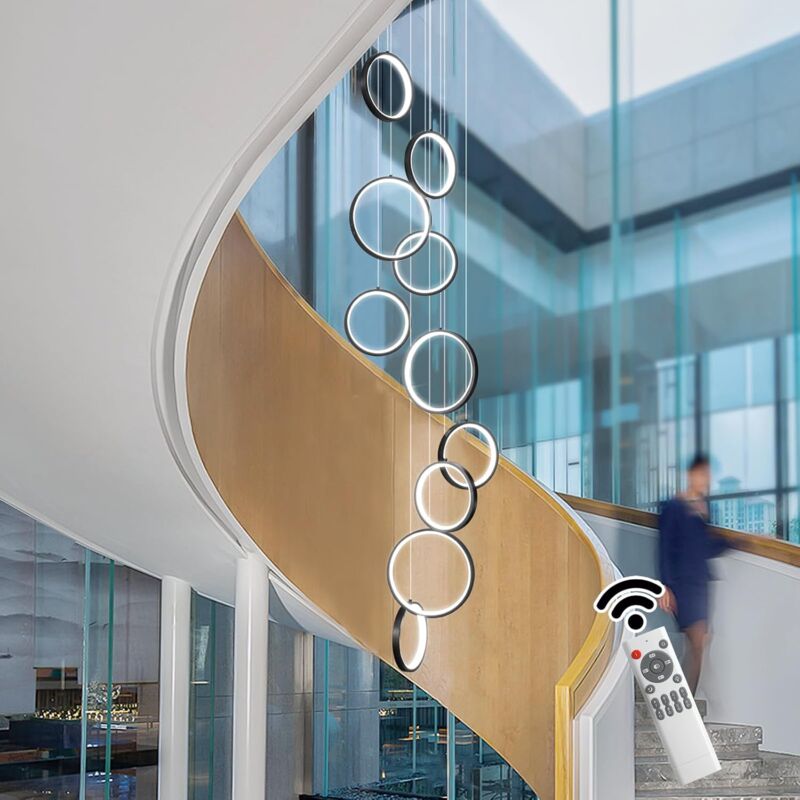Ganeed – Lustre moderne noir à 10 anneaux pour plafond haut – Luminaire LED avec intensité variable – Design minimaliste pour halls et escaliers