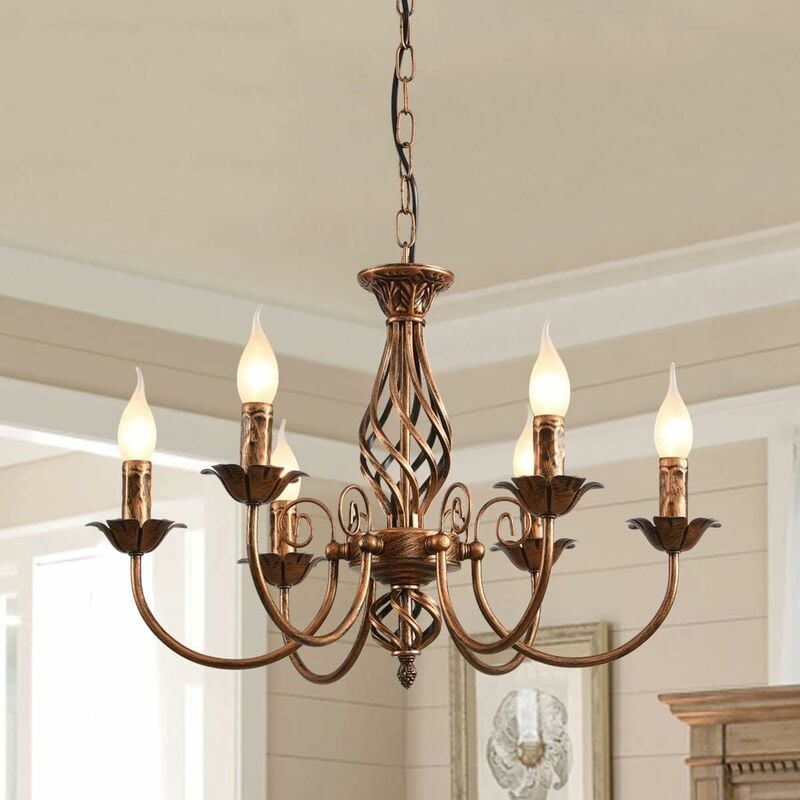 Lustre Style Traditionnel Pays, Bougie Vintage Bronze Réglable en Hauteur Suspension Luminaire Lustre en Fer Forgé, 6 Lumières Ferme Classique