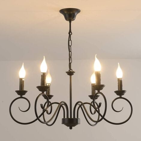 Ganeed Lustre Style Traditionnel Pays, Vintage Bougie Réglable en Hauteur Suspension Luminaire Lustre Suspendu en Fer, 6 E14 Lumières Ferme Classique Pendentif Éclairage Luminaire pour Cuisine Salon