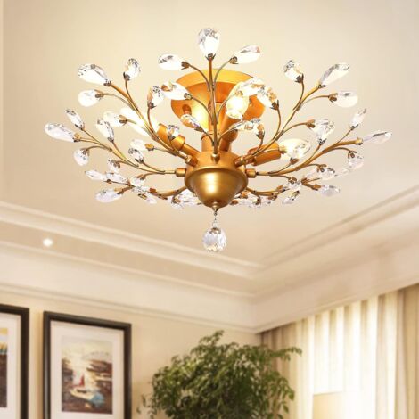 Ganeed – Lustre vintage en cristal K9 60 cm – Éclairage de plafond avec 4 lumières E14 – Fer forgé pour salon, salle à manger, couloir – Or