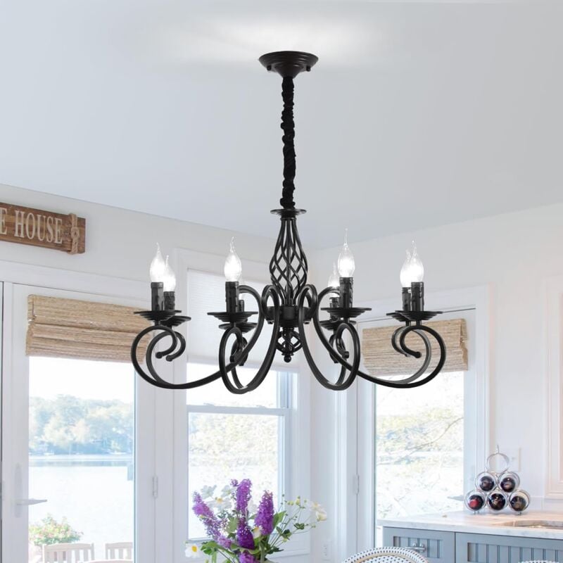 Rustic Chandeliers Candle French Country Chandelier Vintage Iron Pendant Light Fixture Hanging Light Black 8 Lights - Ganeed
