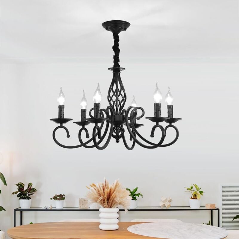 Lustres rustiques Français Country Vintage Chandelier Métal dans Antique Pendentif Luminaire Noir 6 Lumières - Ganeed