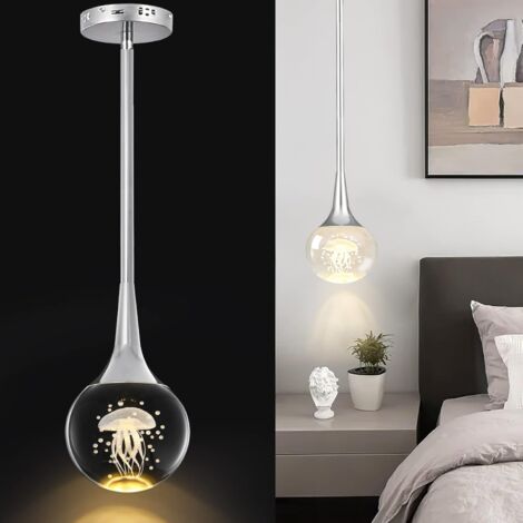 Ganeed Mini Pendelleuchte, 5W Globe Metall Stab Teardrop Kristall Pendelleuchte, 1-Licht moderne LED Hängelampe, Küche Bar Schlafzimmer Leuchten, Warmes Licht/Chrom