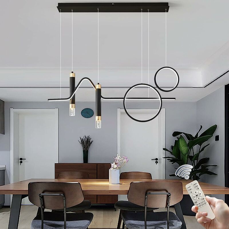 Image of Modern led Pendant Lamps, 45W Dimmerable led Lugars moderni con forme geometriche e bolle, 37 '' Black Linear Wave Dining Room Lamp per Kitchen