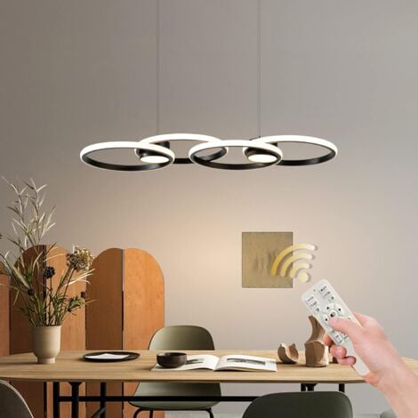 GANEED Moderna lampada a sospensione a LED, 4 anelli, dimmerabile, con telecomando, regolabile, per sala da pranzo, soggiorno, cucina, bar (56 W, 3000-6000 K, nero)