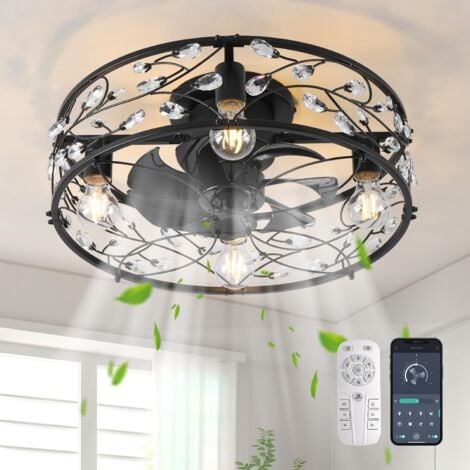 Ganeed Plafoniera con Ventilatore Stile Industriale Ventilatore da Soffitto Fattoria 50cm Illuminazione Gabbia in Metallo Opaco E27 Montaggio A Incasso Con Telecomando 4 Luci
