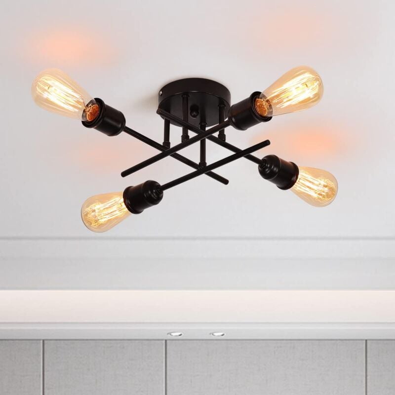 Ganeed - Plafonnier semi-encastré industriel à 4 ampoules Chadelier noir rustique avec base E27, luminaire de plafond Spoutnik moderne pour cuisine