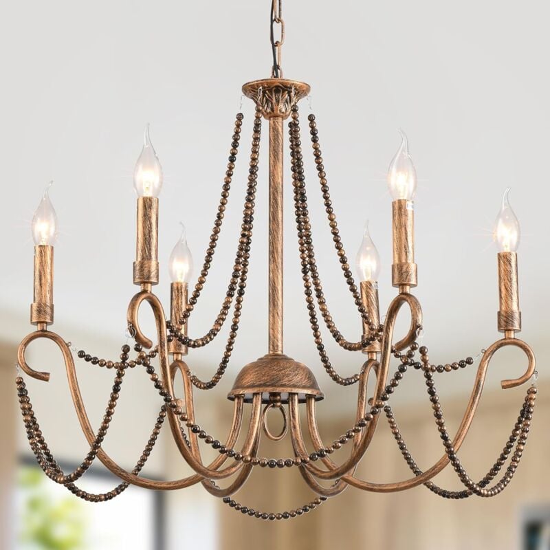 Plafonnier Vintage Français Classique Suspendu Lustre Fer Forgé Luminaire Bronze 6 Lumières - Ganeed