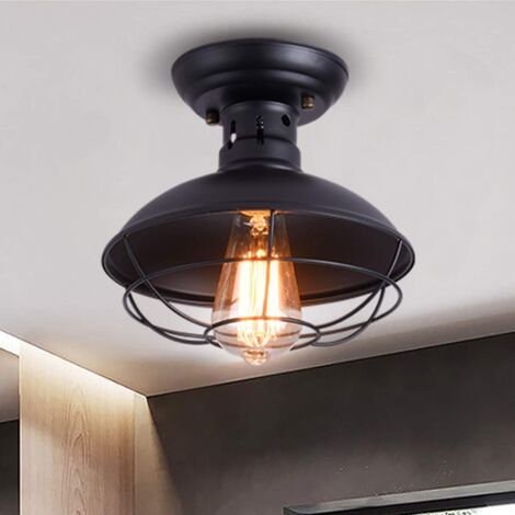 Ganeed Rustic Ceiling Light Black, E27 Mini Ceiling Pendant Lighting, Semi Flush Mounted with Industrial Metal Cage, Hallway Stairway Foyer Kitchen Porch Entryway