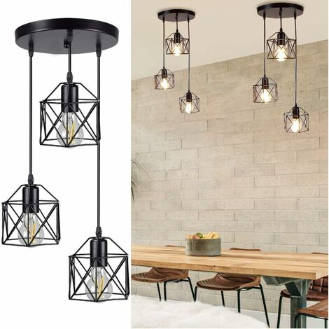 Ganeed Suspension industrielle à 3 lumières, éclairage de plafond encastré réglable pour îlot de cuisine Salon Chambre à coucher Couloir, luminaires suspendus vintage avec abat-jour en métal,noir,E27