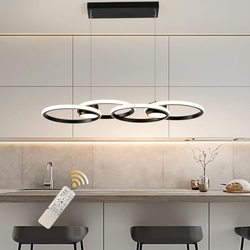 Suspension led moderne, 4 anneaux à intensité variable avec télécommande, lustre à suspendre réglable pour salle à manger, salon, cuisine, bar (56 w,