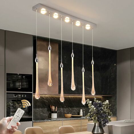 Ganeed – Suspension LED moderne dimmable 43W – 6 lumières en verre goutte d'eau – Longueur 90 cm – Luminosité réglable 3440 lumens – Pour cuisine et salon