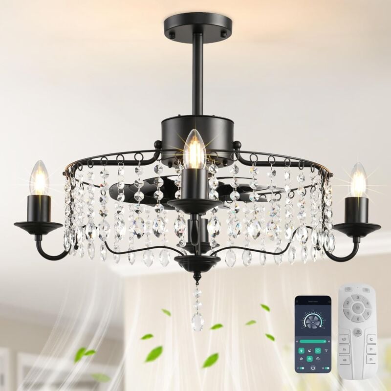 Ganeed - Ventilateur de plafond 50 cm avec lumière et télécommande Ventilateur de plafond moderne Réversible Silencieux Retro Cristal Avec 6 Niveaux