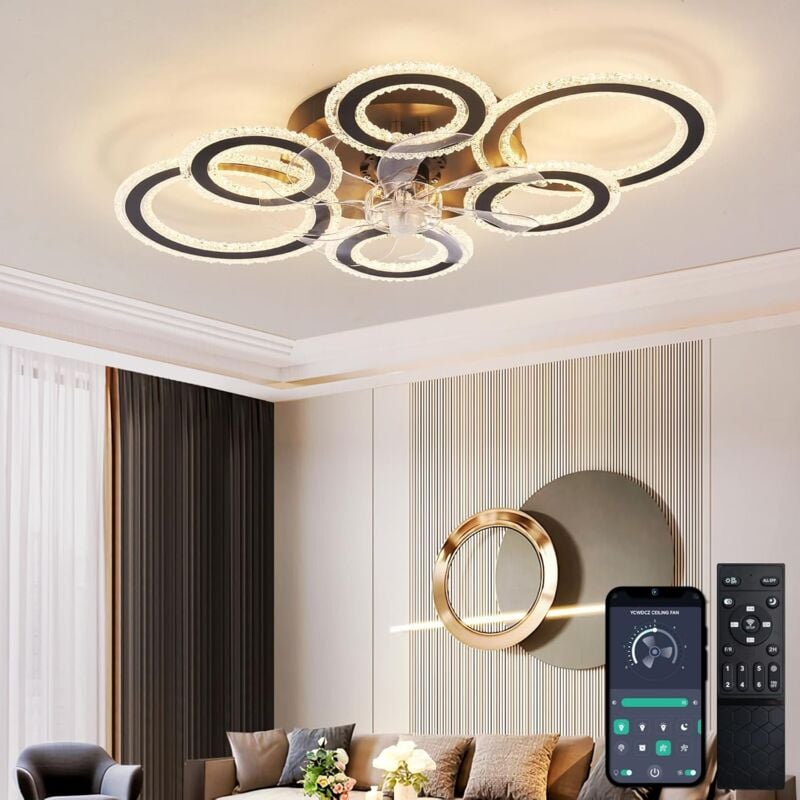 Ganeed - Ventilateur Plafond avec Lumiere Moderne , Anneau de Cristal Plafonnier Ventilateur Design Eté Hiver Réversible Dimmable Fonction Mémoire 6